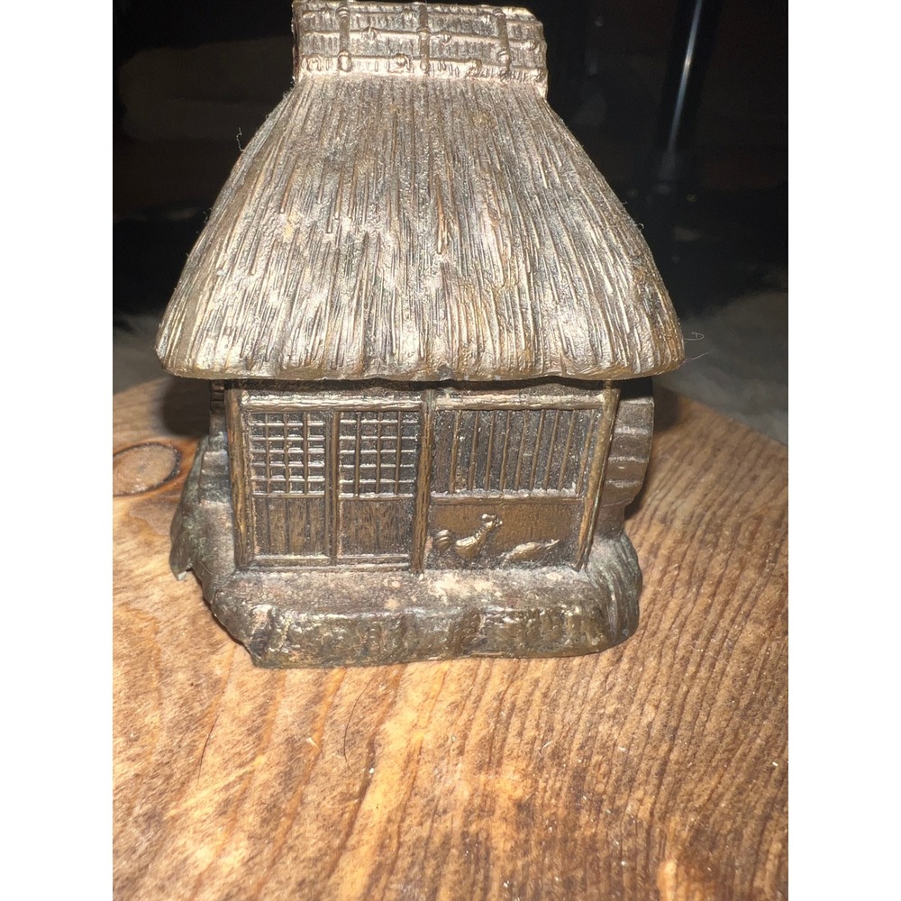 Vintage Japanese Minka Hut Incense Burner Cast Metal Water Wheel Thatched Roof